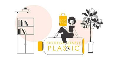 el concepto de ecológico pantalones y el plastico. el niña es participación un paquete ecológico en su manos. lineal estilo. vector