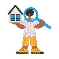 A male realtor holds a house and a magnifying glass in his hands. Selling and owning a house. vector