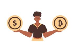 A man holds a bitcoin and a dollar in the form of coins in his hands. Character in modern trendy style. vector