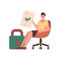 The man sits in a chair and holds a document in her hands. Data protection. Smart contract. Trend style character. vector