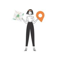 The woman is holding a map. Delivery concept. Lineart style. Isolated, vector illustration.