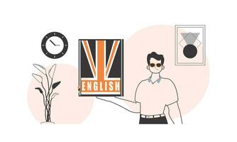 Male English teacher. The concept of learning English. Linear modern style. vector