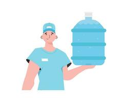 A man is holding a bottle of water. Delivery concept. The character is depicted to the waist. Isolated. Vector illustration.
