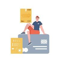 A male courier sits on a bank card and holds a parcel. Home delivery concept. Isolated. trendy style. Vector. vector