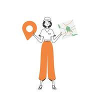 un mujer con un mapa en su manos. entrega concepto. lineal de moda estilo. aislado, vector ilustración.