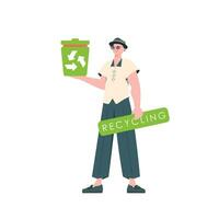 The guy is depicted in full growth and holds a trash can in his hand. The concept of recycling and zero waste. Isolated on white background. Vector illustration Flat trendy style.