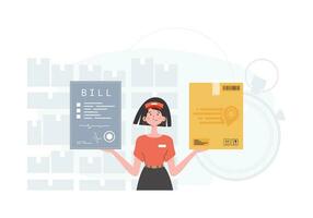 Delivery concept. A woman courier is holding a box and a check. Trendy flat style. Vector. vector