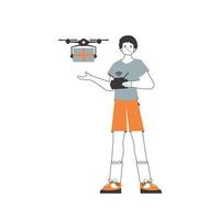 A man delivers a package by drone. Air delivery concept. Linear trendy style. Isolated on white background. Vector illustration.