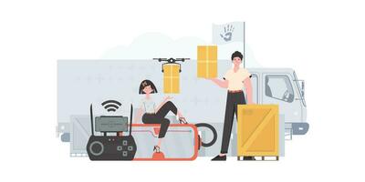 The theme of humanitarian aid. The quadcopter is transporting the parcel. Man and woman with cardboard boxes. Vector illustration.