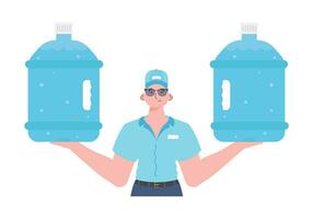 A man is holding a bottle of water. Delivery concept. The stylish character is depicted to the waist. Isolated on white background. Vector illustration.