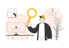 A man holds a magnifying glass in his hands. Search concept. Lines modern style. Vector. vector