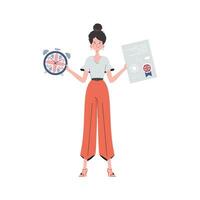 Woman teacher shows that it's time to learn English. The concept of teaching English. Isolated. Trendy flat style. Vector. vector