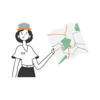 The woman is holding a map. Delivery concept. Linear trendy style. Isolated, vector illustration.