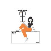 The girl delivers the package by drone. Drone delivery concept. Linear trendy style. Isolated on white background. Vector illustration.