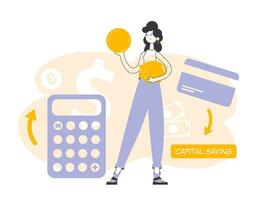 The girl is holding a coin and a piggy bank in her hands. The theme of saving money. Linear modern style. vector