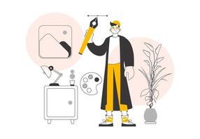 The designer guy holds a pen tool for 2D graphics in his hand. Lines modern style. . vector