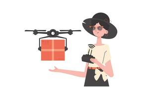 Delivery theme. A woman controls a drone with a parcel. Isolated. Vector. vector