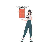 The concept of cargo delivery by air. A woman controls a drone with a parcel. Isolated. trendy style. Vector illustration.