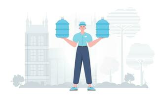 A man is holding a bottle of water. Delivery concept. The trendy character is depicted in full growth. Vector illustration.