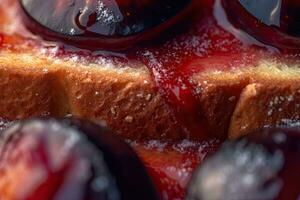 Plum toast, macro shot of a fresh breakfast with Dripping Honey, AI Generated photo