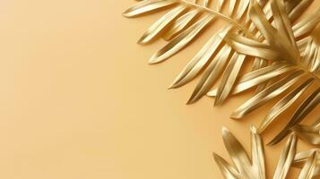 Gold colored tropical palm leaves on beige background AI Generated photo