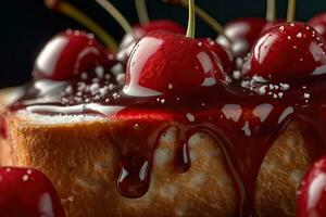 cherry toast, macro shot of a fresh breakfast with Dripping Honey, AI Generated photo