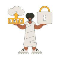 She stores her data safely with a cloud and a lock. vector