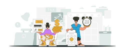 Gorgeous guy and girl demonstrate paying taxes. An illustration demonstrating the importance of paying taxes for economic development. vector