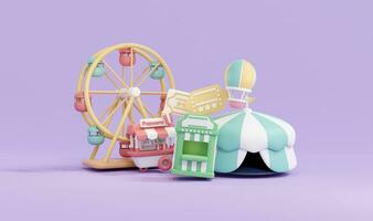 3D Rendering illustration of fair festival icons ferris wheel, ticket booth, food truck, balloon, circus tent on background for commercial design concept of fun park entertainment. photo