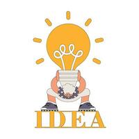 Funny illustration on the theme of the idea. A man is holding a heavy large light bulb. vector