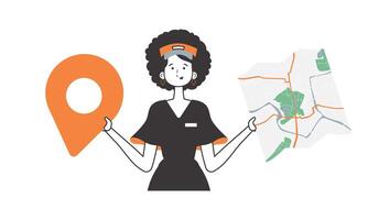 Girl with a map in her hands. Delivery concept. Linear modern style. Isolated, vector illustration.