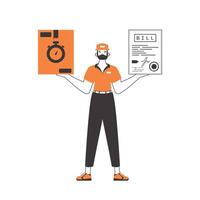A man holds a parcel and a check in his hands. Delivery concept. Linear style. Isolated on white background. illustration. vector