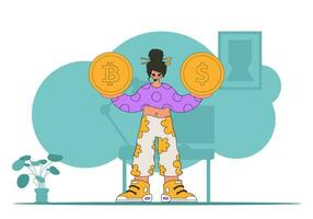 The girl holds a dollar and bitcoin in her hands. Cryptocurrency theme. vector