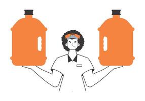 Water delivery concept. Deliveryman. with a large bottle of water in hand. Linear trendy style. vector