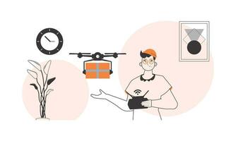 A man sends a package with a drone. Drone delivery concept. Linear modern style. vector