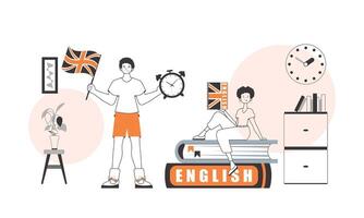 The guy and the girl helps teaches English. The concept of learning a foreign language. Linear trendy style. vector