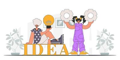 The fashion team generates ideas and solves problems. Light bulb and gears in their hands. Idea concept. trendy character. vector