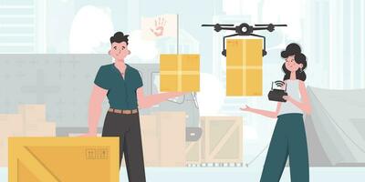 The theme of humanitarian aid. The quadcopter is transporting the parcel. Man and woman with cardboard boxes. trendy style. Vector illustration.