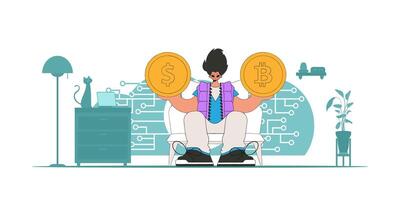 A man is holding a dollar and bitcoin coin. Cryptocurrency and fiat exchange theme. vector