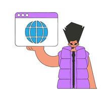 A bright and stylish illustration of a man holding a browser window in his hands. Material for educational content. vector