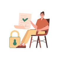 The man sits in a chair and holds a document in her hands. Data protection. Smart contract. vector