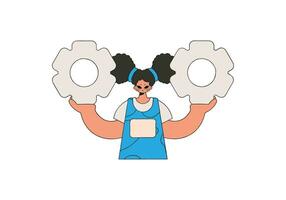 Presentable woman holding gears. Idea theme. vector