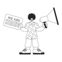 Competent HR specialist man holding a megaphone in his hands. HR topic. Linear black and white style. vector