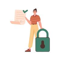 The man is holding a document. Data protection concept. Smart contract. Modern style character. vector