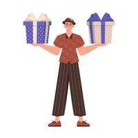 The man is holding a gift. Modern flat vector illustration.