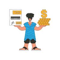 A modern man holds a tax form and coins in his hands. The topic of paying taxes. vector