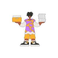 A combed man holds stacks of documents in his hands. vector