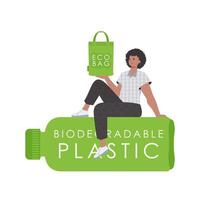 A man sits on a bottle made of biodegradable plastic and holds an ECO BAG in his hands. Concept of green world and ecology. Isolated on white background. Trend style. illustration. vector