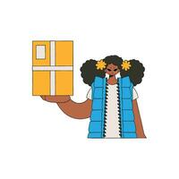 An attractive girl is holding a box in her hands. Understanding the process of parcel and cargo delivery. vector