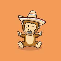 Cute monkey with Mexican hat cartoon illustration vector